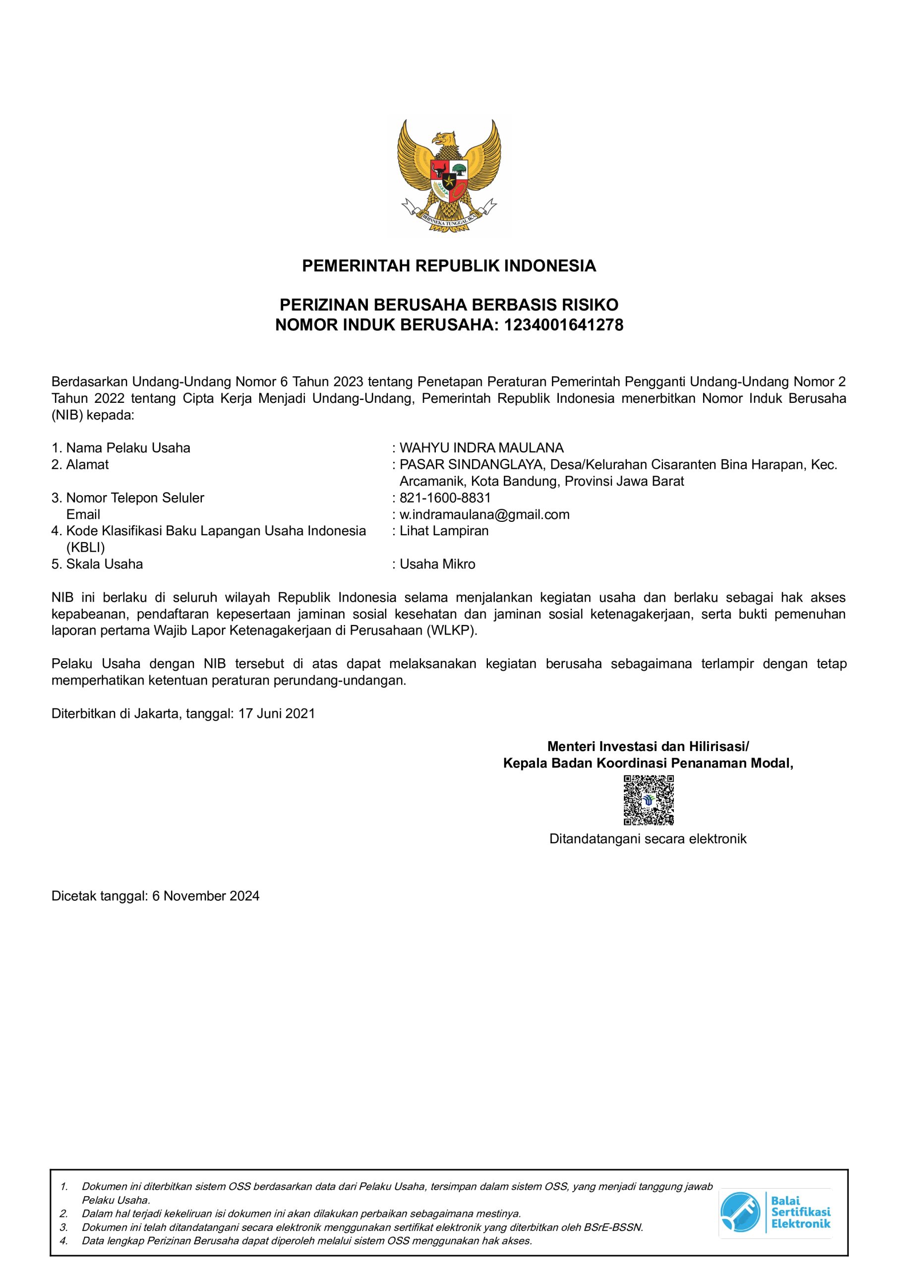 Nomor Induk Berusaha PT Digital Research Anugerah
