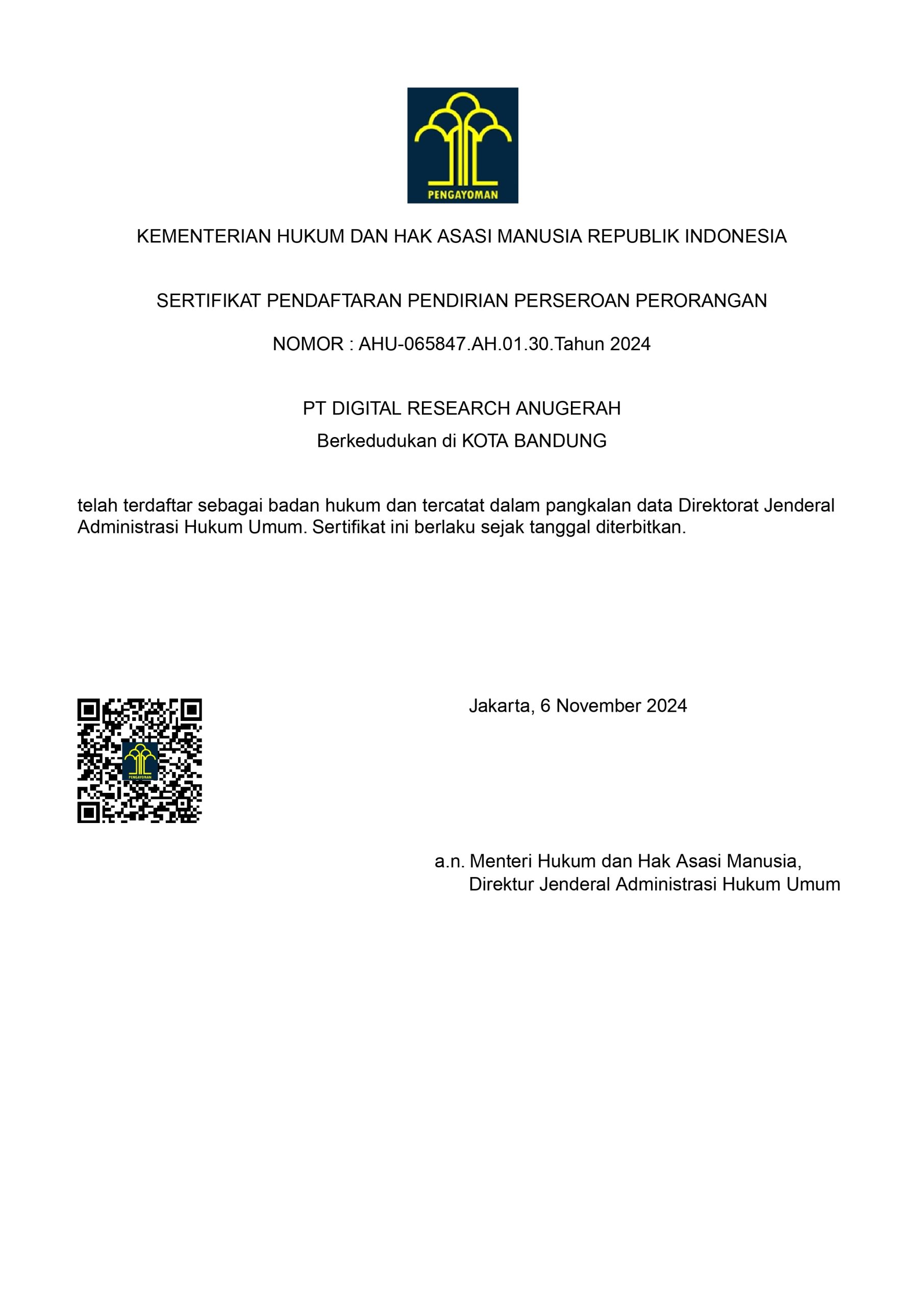 Sertifikat Pendaftaran Pendirian PT Digital Research Anugerah